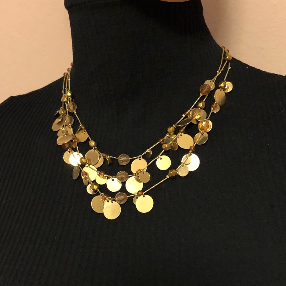 Multilayered Gold Chain Beads Rhinestones Necklace - Picture 4 of 6